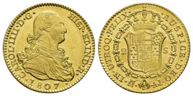 CARLOS IV. 2 escudos. 1807. Madrid. AI. AU 6,66 g. 22,4 mm. VI-1059. Finas rayas. B.O. EBC/EBC+.