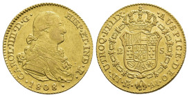 CARLOS IV. 2 escudos. 1808. Madrid. AI. AU 6,67 g. 21,5 mm. VI-1061. Finas rayas de ajuste. R.B.O. MBC+/EBC-. Escasa.