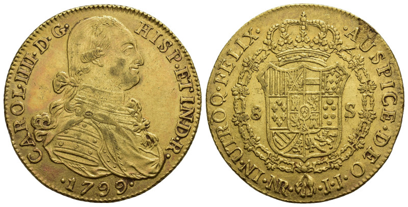 CARLOS IV. 8 escudos. 1799. Nuevo Reino. JJ. AU 26,8 g. 35,7 mm. VI-1357. Hoja e...