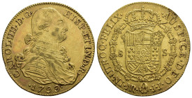 CARLOS IV. 8 escudos. 1799. Nuevo Reino. JJ. AU 26,8 g. 35,7 mm. VI-1357. Hoja en rev. MBC+.