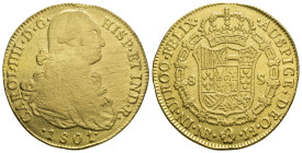 CARLOS IV. 8 escudos. 1801. Nuevo Reino. JJ. AU 26,99 g. 35,7 mm. VI-1359. Soldadura en canto. BC/BC+.