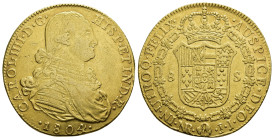 CARLOS IV. 8 escudos. 1804. Nuevo Reino. JJ. AU 26,83 g. 35,3 mm. VI-1362. Rayitas en anv. MBC-/MBC.