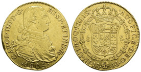 CARLOS IV. 8 escudos. 1805. Nuevo Reino. JJ. AU 26,98 g. 35,5 mm. VI-1363. Golpes en gráfila y canto. Pequeñas marcas. R.B.O. MBC-/MBC.