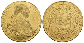 CARLOS IV. 8 escudos. 1803. Potosí. PJ. AU 26,93 g. 35,7 mm. VI-1406. Mancha en anv. R.B.O. MBC+/EBC.