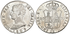 JOSÉ I BONAPARTE. 20 reales. 1809. Madrid. AI. AR 27,47 g. 40 mm. VI-30. Rayita de ajuste y ligera plata agria. EBC/EBC+.
