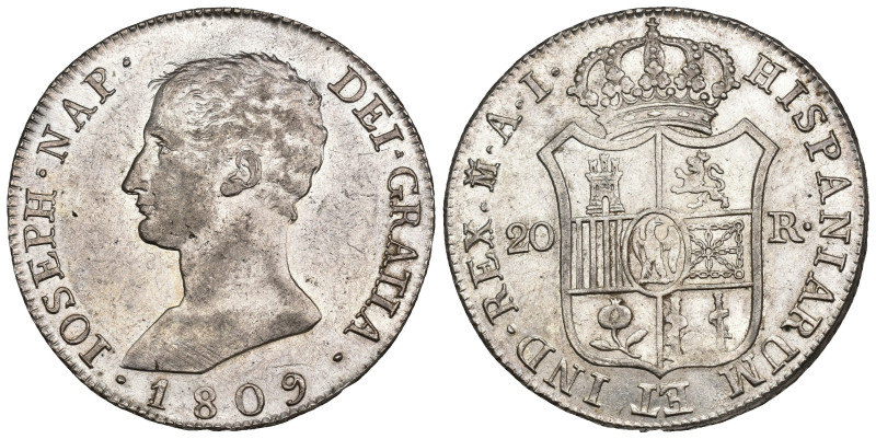 JOSÉ I BONAPARTE. 20 reales. 1809. Madrid. AI. AR 26,9 g. 39,7 mm. VI-30. Pequeñ...