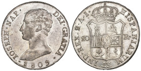JOSÉ I BONAPARTE. 20 reales. 1809. Madrid. AI. AR 26,9 g. 39,7 mm. VI-30. Pequeñas marcas. R.B.O. EBC-.