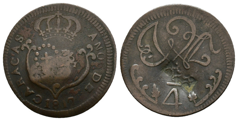 FERNANDO VII. 1/4 de real. 1817. Caracas. CU 2,79 g. 24,3 mm. VI-7. Contramarca....
