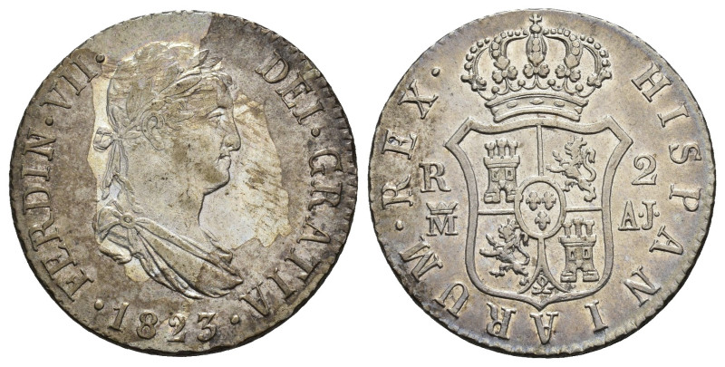 FERNANDO VII. 2 reales. 1823. Madrid. AJ. AR 5,97 g. 25,2 mm. VI-698. Pátina irr...
