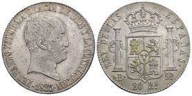 FERNANDO VII. 20 reales. 1823. Barcelona. SP. AR 27,01 g. 37,6 mm. VI-948. EBC. 

Ex subasta Jesús Vico (21-VI-2001), lote 589.