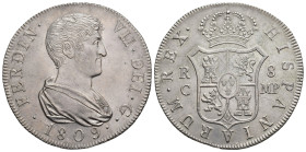 FERNANDO VII. 8 reales. 1809. Cataluña. MP. Acuñada en Reus. AR 27,04 g. 40,5 mm. VI-956. Rayas de ajuste en rev. EBC. Rara.