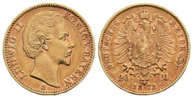 MONEDA EXTRANJERA.ALEMANIA Y ESTADOS ALEMANES. BAVIERA. Luis II. 20 marcos. 1872. D. AU 7,95 g. 22,5 mm. KM-894. Pequeñas marcas. Pátina rojiza. EBC-....