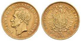 MONEDA EXTRANJERA. ALEMANIA Y ESTADOS ALEMANES. SAJONIA. Juan V. 20 marcos. 1873. E. AU 7,93 g. 22,4 mm. KM-1234. Pátina rojiza. EBC-. Escasa.