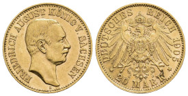 MONEDA EXTRANJERA. ALEMANIA Y ESTADOS ALEMANES. SAJONIA. Federico Augusto. 20 marcos. 1905. E. AU 7,96 g. 22,5 mm. KM-1265. EBC-.