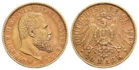 MONEDA EXTRANJERA. ALEMANIA Y ESTADOS ALEMANES. WURTTEMBERG. Guillermo II. 20 marcos. 1897. F. AR 7,94 g. 22,5 mm. KM-634. Bonita pátina rojiza. EBC.