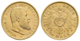 MONEDA EXTRANJERA. ALEMANIA Y ESTADOS ALEMANES. WURTTEMBERG. Guillermo II. 20 marcos. 1905. F. AU 7,95 g. 22,5 mm. KM-634. EBC.