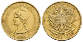 MONEDA EXTRANJERA. BRASIL. 10000 reis. 1904. AU 8,86 g. 22,9 mm. KM-496. Pequeñas marcas y hojita en rev. MBC+/EBC-.