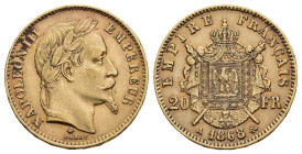 MONEDA EXTRANJERA. FRANCIA. Napoleón III. 20 francos. 1868. A. AU 6,43 g. 21,3 mm. KM-801.1. MBC+.