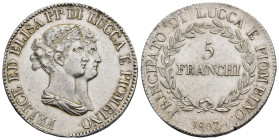 MONEDA EXTRANJERA. ITALIA Y ESTADOS ITALIANOS. LUCCA. Félix y Elisa. 5 francos. 1807. AR 24,9 g. 37,3 mm. KM-24.3. Limpiada. EBC-. Rara.