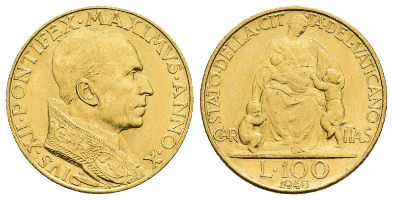 MONEDA EXTRANJERA. VATICANO. Pío XII. 100 liras. 1948/X. AU 5,2 g. 20,7 mm. KM-3...