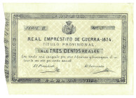 BILLETES CARLISTAS. Carlos VII. Lote de 2 empréstitos 1000 y 300 reales. 1874. SC.