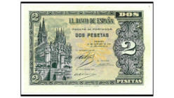 BILLETES. BANCO DE ESPAÑA. 2 pesetas, 12 de octubre de 1937. Burgos, serie A. ED-D27. Doblado. EBC.