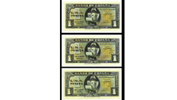 BILLETES. BANCO DE ESPAÑA. Lote de 3 billetes de 1 pta. Madrid, 4 de septiembre de 1940: pareja correlativa serie B y 1 de serie I. ED-D43a. 1 doblado...