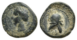 HISPANIA ANTIGUA. EMISIONES HISPANO-CARTAGINESAS. Quinto. A/ Cabeza de Tanit a izq. R/ Casco a izq. AE 2,01 g. 12,4 mm. I-521; ACIP-582. Pátina verde ...