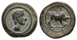 HISPANIA ANTIGUA. CASTULO. Cuarto. A/ Cabeza masculina diademada a der. R/ Jabalí a der., encima estrella, exergo KaSTiLO (poco visible). AE 4,13 g. 1...