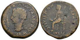 HISPANIA ANTIGUA. ITALICA. Tiberio. Dupondio. A/ Cabeza radiada a izq.; delante haz de rayos y encima estrella; PERM AVG DIVVS AVGVSTVS PATER. R/ Livi...
