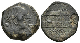 HISPANIA ANTIGUA. OBULCO. Unidad. A/ Cabeza femenina con moño a der. dentro de láurea; OBVLCO. R/ Arado y espiga con aspa a der., en medio URKaILTu/NE...