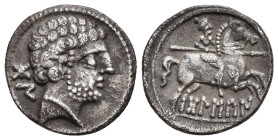 HISPANIA ANTIGUA. BOLSKAN. Denario. A/ Cabeza con collar a der., detrás BoN. R/ Jinete lancero a der., debajo sobre línea BoLSKaN. AR 3,74 g. 18,7 mm....