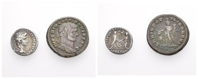 IMPERIO ROMANO. Lote de 2 piezas: un denario de Augusto y un follis de Diocleciano. MBC-.
