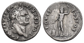 IMPERIO ROMANO. TITO (bajo Vespasiano). Denario. Roma (76 d.C.). A/ Cabeza laureada a der; T CAESAR IMP VESPASIANVS. R/ Júpiter a izq. con pátera y ce...