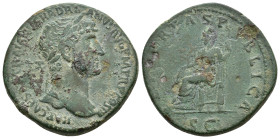 IMPERIO ROMANO. ADRIANO. Sestercio. Roma (120-121). A/ Cabeza laureada a der.; IMP CAESAR TRAIAN R/ Libertas sentada a izq. con rama y cetro; LIBERTAS...