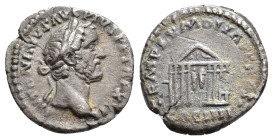 IMPERIO ROMANO. ANTONINO PÍO. Denario. Roma (157-158). A/ Cabeza laureada a der. R/ Templo octástilo con estatuas en su interior; TEMPLVM DIV AVG REST...
