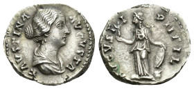 IMPERIO ROMANO. FAUSTINA LA MENOR. Denario. Roma (145-161). A/ Busto drapeado a der.; FAVSTINA AVGVSTA. R/ Venus con victoria y escudo; AVGVSTVS PII F...