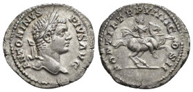 IMPERIO ROMANO. CARACALLA. Denario. Roma (206). A/ Cabeza laureada a der.; ANTONINVS PIVS AVG. R/ El emperador a caballo a der.; PONTIF TR P VIII COS ...