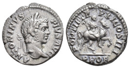 IMPERIO ROMANO. CARACALLA. Denario. Roma (208). A/ Cabeza laureada a der.; ANTONINVS PIVS AVG. R/ El emperador a caballo a der.; PONTIF TR P XI COS II...