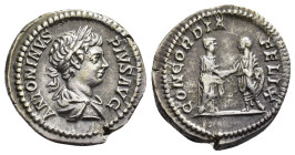 IMPERIO ROMANO. CARACALLA. Denario. Roma (201-206). A/ Busto laureado y drapeado a der.; ANTONINVS PIVS AVG. R/ El emperador dando la mano a Plautilla...