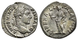 IMPERIO ROMANO. CARACALLA. Denario. Roma (206-210). A/ Cabeza laureada a der.; ANTONINVS PIVS AVG. R/ Liberalitas a izq.; LIBERALITAS AVG VI. AR 3,2 g...