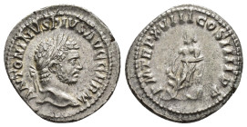 IMPERIO ROMANO. CARACALLA. Denario. Roma (215). A/ Cabeza laureada a der.; ANTONINVS PIVS AVG GERM R/ Esculapio con bastón con serpiente; P M TR P XVI...