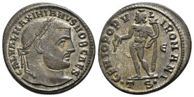 IMPERIO ROMANO. MAXIMIANO. Follis. Tesalónica (302-303). A/ Cabeza laureada a der.; GAL VAL MAXIMIANVS NOB CAES. R/ Genio a izq. con pátera y cornucop...
