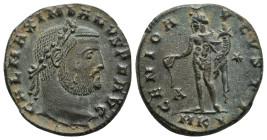 IMPERIO ROMANO. GALERIO MAXIMIANO. Follis. Cyzicus (309-310). A/ Cabeza laureada a der.; GAL MAXIMIANVS P F AVG. R/ Genio a izq. con pátera y cornucop...