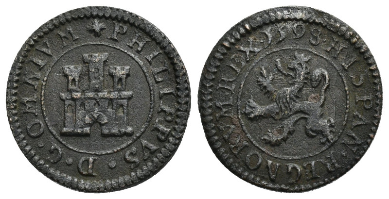 FELIPE II. 2 maravedís. 1598. Segovia. CU 3,3 g. 20,2 mm. AC-87 MBC.