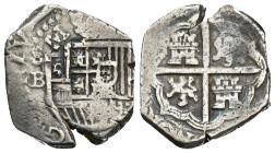 FELIPE II. 2 reales. Sin fecha visible. Sevilla. Tipo OMNIVM. B. AR 6,73 g. 22,3 mm. AC-tipo 138. Vanos. Cospel abierto. MBC/MBC-.
