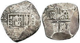 FELIPE II. 8 reales. Sin fecha visible. Sevilla. Tipo OMNIVM. B. AR 27,49 g. 33,8 mm. AC-tipo 206. Amplios vanos. MBC-.