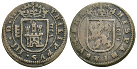FELIPE III. 8 maravedís. 1619. Segovia. VIII exterior. CU 5,35 g. 27,1 mm. AC-no; R. Sebastián-244. MBC-. Escasa.