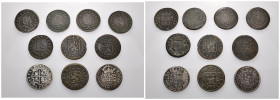 FELIPE IV. Lote de 10 monedas: 8 mrs. (3), 16 mrs. (5) y 2 falsas de época (2 reales de Felipe V y el archiduque Carlos). BC+/MBC+.