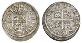 FELIPE V. 1/2 real. 1719. Cuenca. IJ. Ley. PHILIPPUS. AR 1,72 g. 15,9 mm. VI-98. Pequeñas muescas en gráfila. MBC.